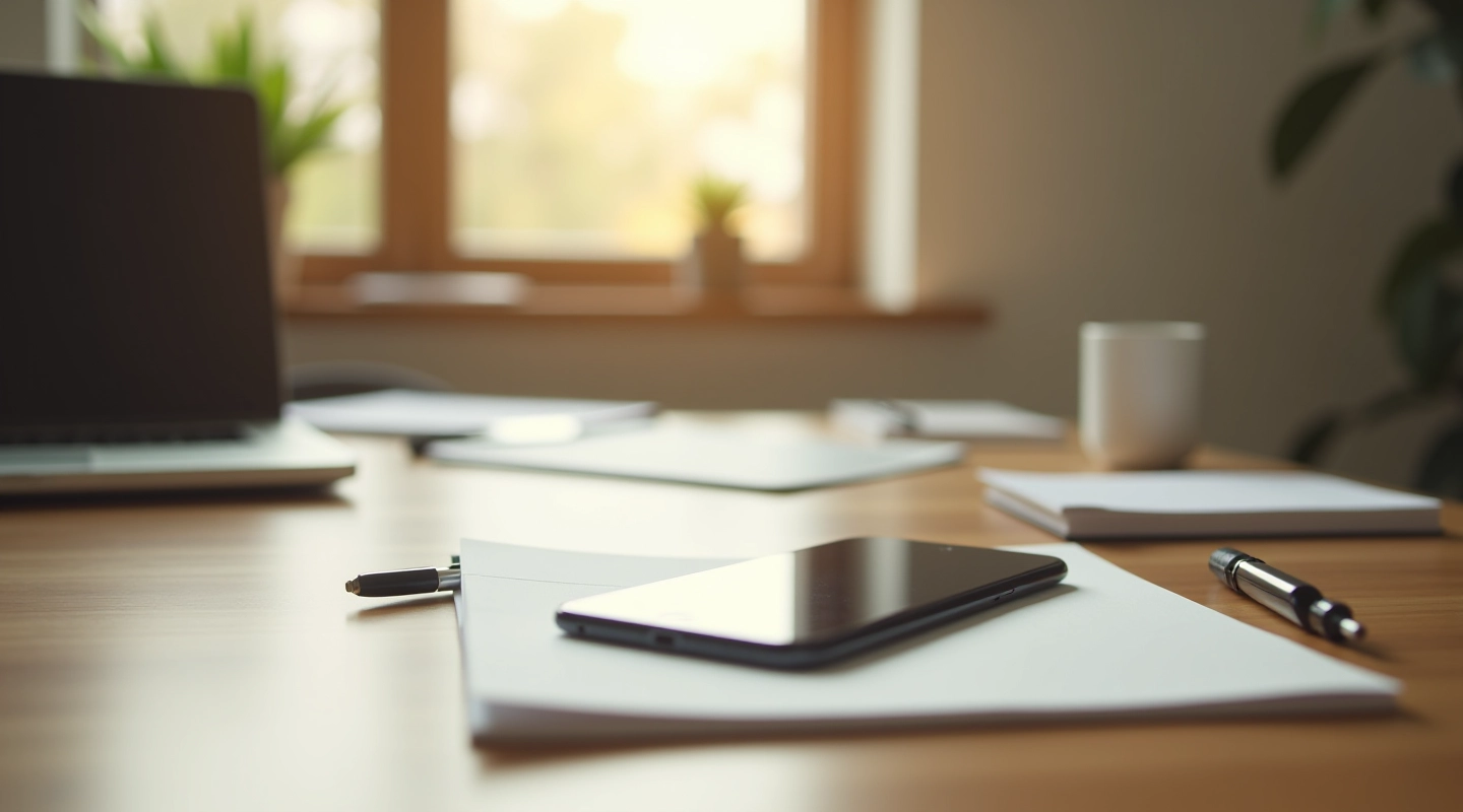 Modern bright workspace with smartphone and learning materials on desk