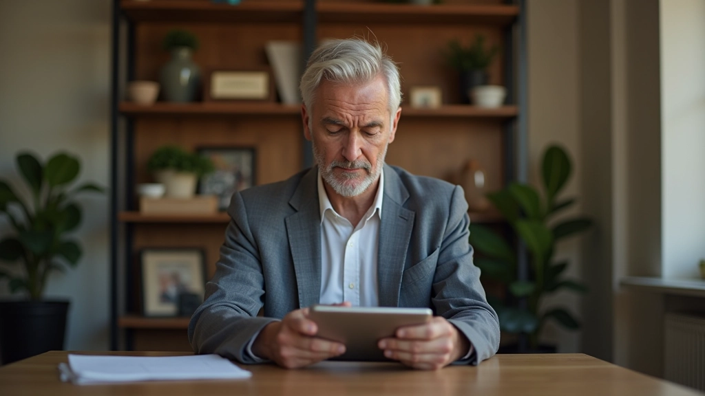 Person reading smartphone setup guide on tablet at home office desk, warm natural lighting