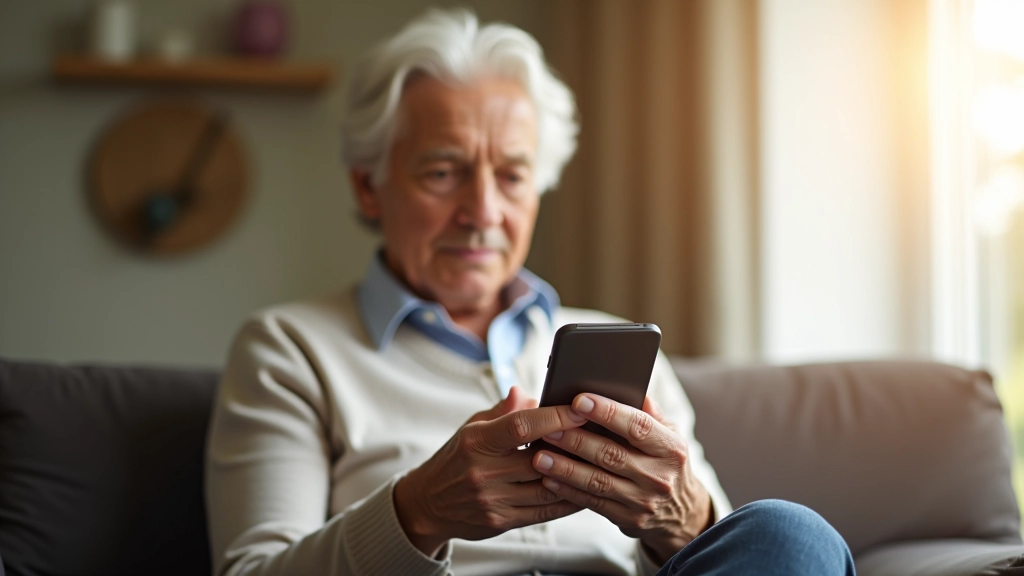 Person holding smartphone while connected to home WiFi network, living room setting with router visible in background