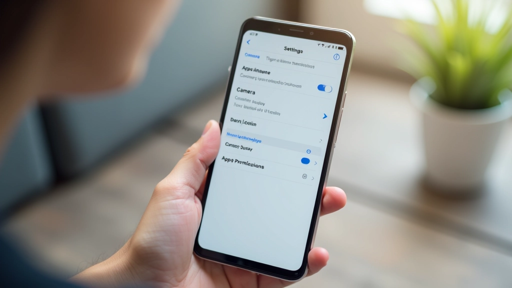 Settings screen showing app permission controls with toggles for camera, location, contacts, and microphone access