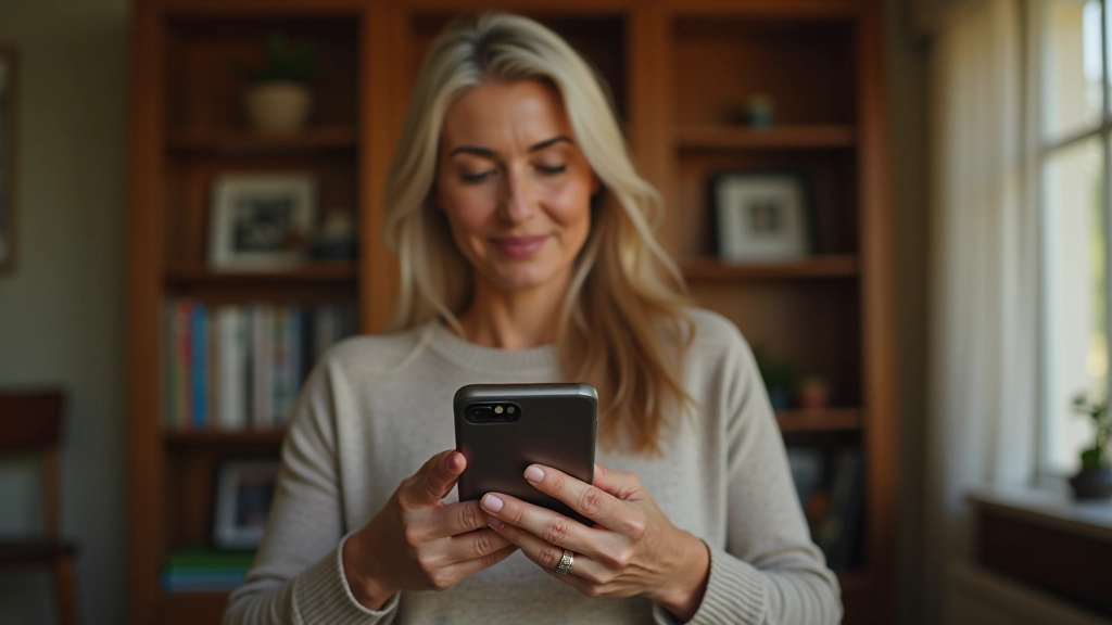 Person of mature age holding smartphone, reading text on screen in comfortable home setting